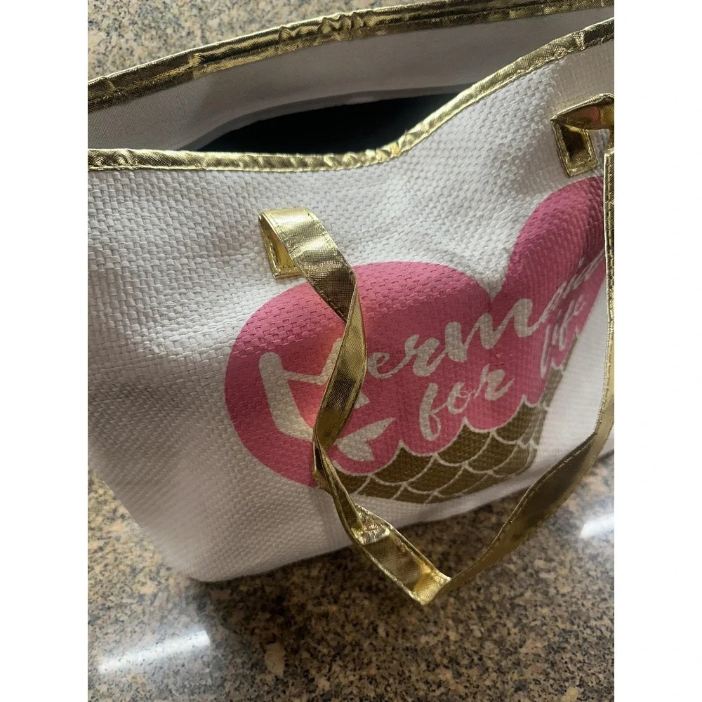 Mermaid For Life Tote Bag Womens White Pink Gold Beach Shopper Carryall‎ Woven